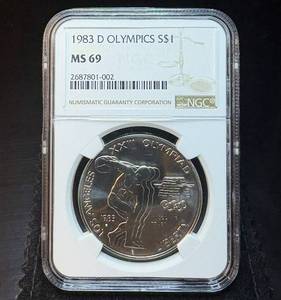 1983-D NGC MS 69 Olympics (Discus) Silver Dollar, 1st Year, Mint Fresh