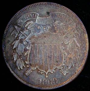 Better Date 1868 2 Cent Piece, VGF, details