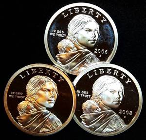 (3) Proof Sacajawea Dollars, 2006, 2007 & 2009 San Fran