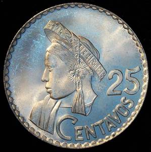 AUUNC 1964 Guatemala Silver 25 Centavos, Brilliant Original Luster, Lowest Mintage