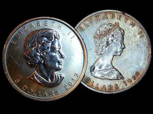 (2) 1 oz Silver Maple Leafs, cull