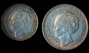 Netherlands Silver 1928 Dime & 1944 Quarter, Original Surfaces, XFAU
