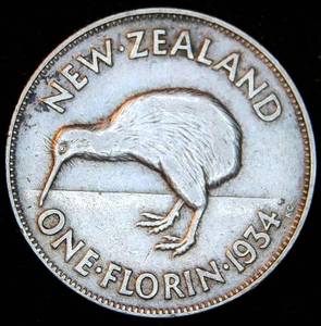 New Zealand Silver 1934 One Florin, Original Surfaces