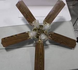Five-Blade Wood-Grain Ceiling Fan - Brass Fixture with Frosted Glass Lights (Not Tested)