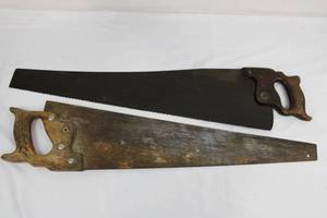 Two Antique Handsaws with Carved Wooden Handles - Rusted Blades