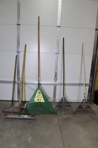 Garden Tools Lot - Leaf Rake, Rakes, Broom