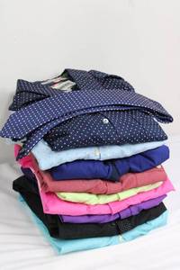 Express Dress Shirt - Navy with Pink Polka Dots, Fitted, Size Large