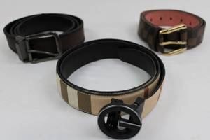 Assorted Leather Belts (3) - Plaid Pattern Belt, Plain Leather Belt with Gunmetal Buckle