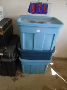 3 bins of christmas & womens. Clothes with misc. As shown. CASH ON SITE ONLY. PICKUP IS TUESDAY MAY 19TH FROM 11 AM TO 4 PM. REGARDLESS WHAT THE SCHEDULE STATES.