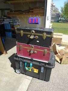 3 trunks. As shown. 1 dewalt with misc cdr discs & porcelian figures. As shown. CASH ON SITE ONLY. PICKUP IS TUESDAY MAY 19TH FROM 11 AM TO 4 PM. REGARDLESS WHAT THE SCHEDULE STATES.