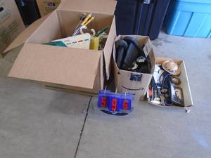 3 boxes of misc. As shown. CASH ON SITE ONLY. PICKUP IS TUESDAY MAY 19TH FROM 11 AM TO 4 PM. REGARDLESS WHAT THE SCHEDULE STATES.