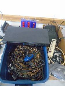 Bin of electronics cables with pioneer recevier. As shown. CASH ON SITE ONLY. PICKUP IS TUESDAY MAY 19TH FROM 11 AM TO 4 PM. REGARDLESS WHAT THE SCHEDULE STATES.