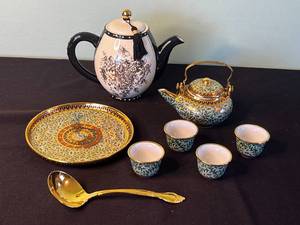 Mud Pie Turquoise Floral Porcelain Tea Set with Gold Trim - Teapots, Plate, Cups