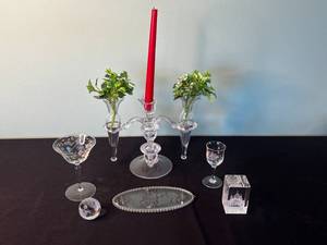 Crystal Etched Floral Three-Arm Candelabrum Centerpiece with Glass Goblets