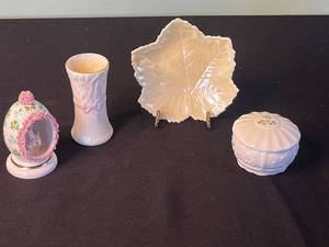 Belleek Assorted Porcelain Miniatures - Bunny in Egg Arch, Leaf Dish, Ribbed Vase & Lidded Jar