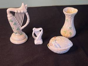 Belleek Ireland Porcelain Harp & Tall Vase with Shamrock Motifs