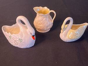 Belleek Ireland Swan Creamer Set - 3 Piece Porcelain with Green Mark