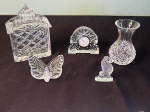 Waterford Crystal Glass Clock with Lidded Sugar Jar and Tall Vase (Lot of 3)