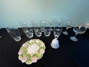 Assorted Clear Glass Stemware with Etched Leaves - Includes Russ Berrie Vase & Floral Plate