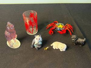 Assorted Glass Figurines & Vase - Red Etched Vase, Purple Bird, Red Crab (Lot of 6)