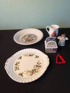 Watkins Country Kids Collectors Recipe Pie Plate, Royal Albert Holiday Serving Plate, Royal Vale Mug, Fireside French Apple Pie Pattern & Santa Mug