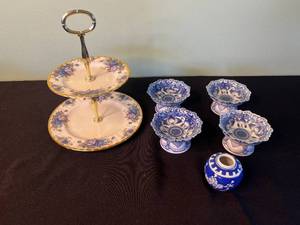 Royal Albert Moonlight Rose 2-Tier Cake Stand - Pink Rose Plates & Blue and White Pedestal Bowls