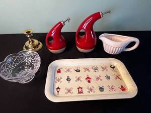Two Rachel Ray Red Oil Dispenser Carafes with Pour Spouts, White Pitcher, Crystal Bowl & VTG Serving Tray