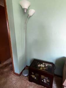 Three-Light Torchiere Floor Lamp with Frosted Glass Shades & Floral Storage Chest