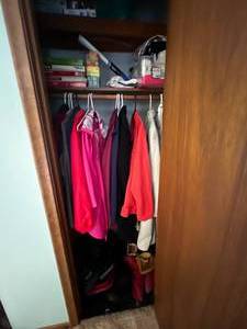 Hall Closet Contents w Monopoly, Clue, Dino-OPOLY & London Fog Mixed Board Game, LXL Coats