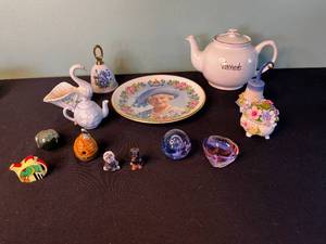 Limoges Trinket Box, Aynsley Wild Tudor Floral Figurine, Harrods Knightsbridge Teapot & Queen Portrait Plate