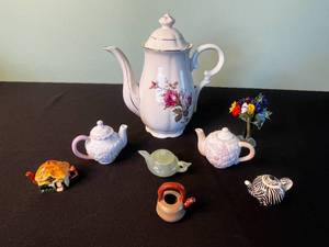 Large Tea Pot w Mini Collectible Tea Pots inc Green Jade & Russ Floral Teapot with Roses Pattern