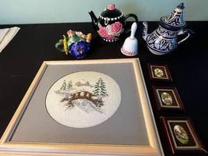 China Teapots Inc Mikasa, Ceramic Flowers, and Framed Needlepoint - Mixed Decorative