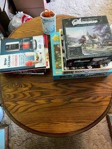 VTG Drop Leaf Table w Puzzles, Books, Office Supplies and Holder - all pieces unverified in puzzles
