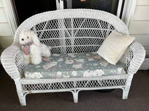 White Wicker Loveseat with Floral Cushion & Pillow - 53in Long
