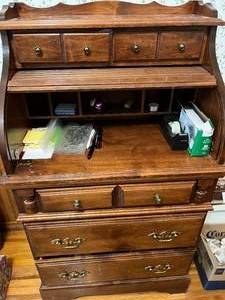 VTG Wood Secretary Desk with Assorted Office Supplies - roller cover does not go all the way up