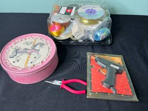 Mixed Craft Supply Lot with Bradley Tool Glue Gun, Embroidery Hoops & Ribbon