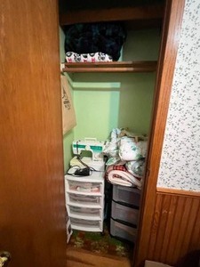 Hobby Closet Contents w White Sewing Machine & Needlework Supply Mixed Lot