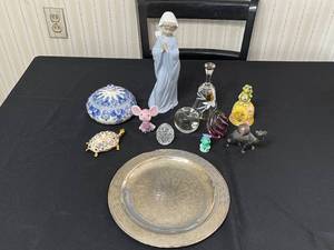 Faberge 1718 Rose Trellis Crystal Egg (no box), Capodimonte Virgin Mary Statue with Lidded Jar & Assorted Glass & Porcelain Figurines