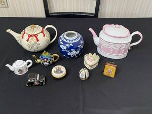 Assorted Porcelain Teapots & Miniatures - Pink, Blue & Cream with Gold Accents