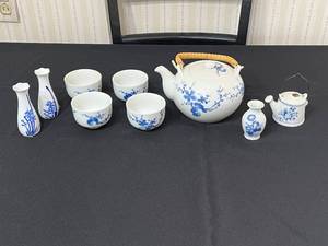 Kwangdong Blue and White Chinese Porcelain Tea Set with Bamboo-Wrapped Teapot and Matching Cups, Vases