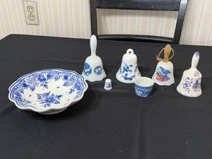 Delft Porcelain Lot - Floral Plate, Bells and Windmill Miniatures