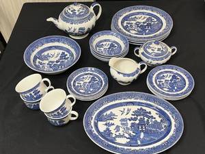 Johnson Bros Blue & White Transferware Dinnerware Set - Teapot, Cups & Plates