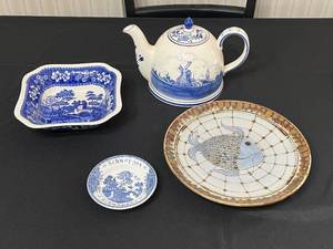 Spode Blue Tower England Hand Painted Teapot & Matching Dishes - 4 Piece Blue and White Transferware