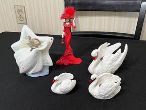 Goebel Red Dress Figurine with Hat - Lladro White Swan Figurines