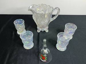 Iridescent Carnival Glass Pitcher, 4 Tumblers Dahlia Pattern & Bell