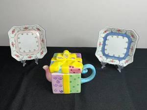 Decorative Gift Teapot and Plate Set (Lot of 3)
