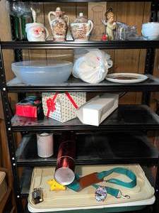 Mixed Glassware, China & Holiday Decor Assortment - shelving inc