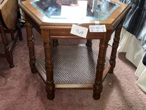 Hexagonal Glass-Top Side Table With Cane Shelf - one table inc only - matching table in separate lot