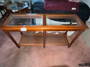 Wood Glass Top Coffee Table With Cane Shelf - one table only inc - matching table in separate lot