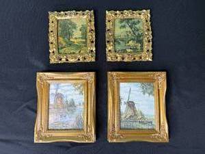 Group of Four Miniature Landscape Paintings in Ornate Gilt Frames